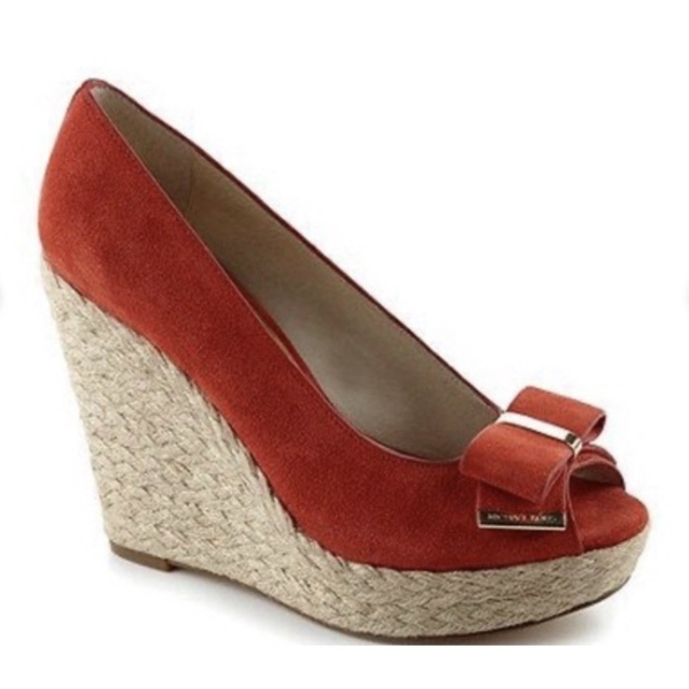Michael Kors Bow Wedges Orange Slip On Espadrille Heels Size 8.5M Peep Toe Shoes - Picture 1 of 10